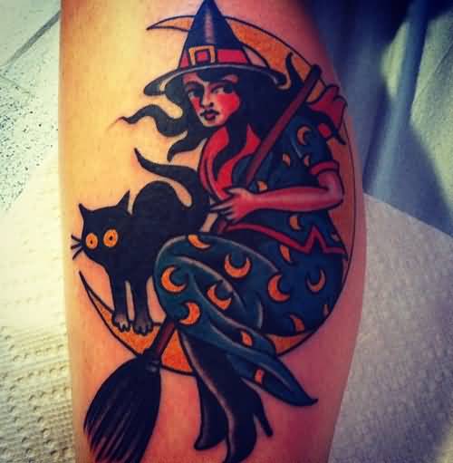 Black Cat And Witch Tattoo On Leg