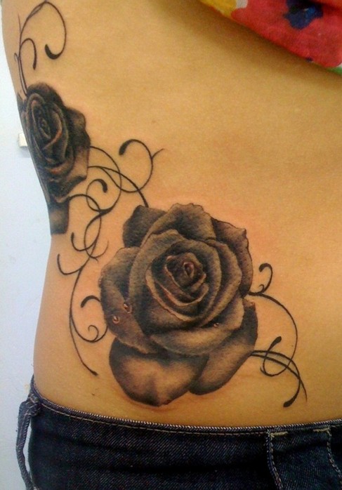 Black Ink 3D Roses Tattoo On Right Hip