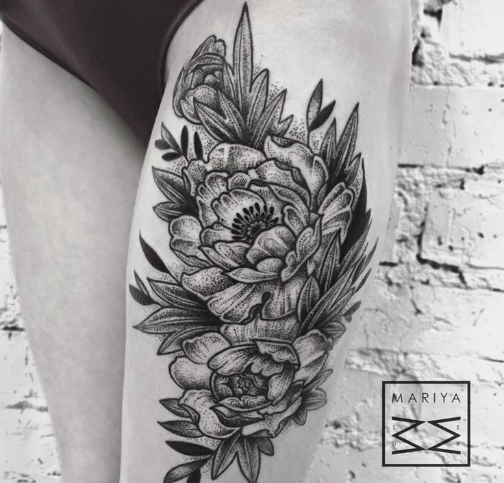 Black Ink Dotwork Peony Flowers Tattoo On Left Thigh
