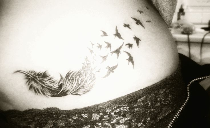 Black Ink Feather With Flying Birds Tattoo Design For Hip