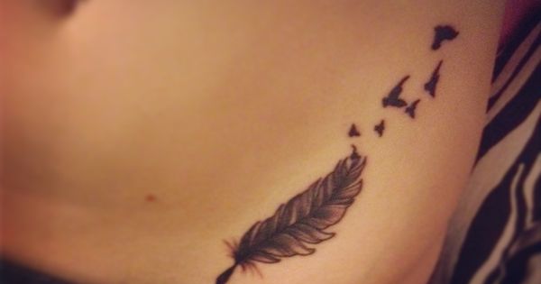 Black Ink Feather With Flying Birds Tattoo On Hip