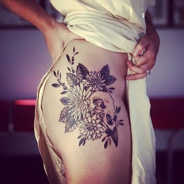 Black Ink Flowers Tattoo On Girl Right Hip