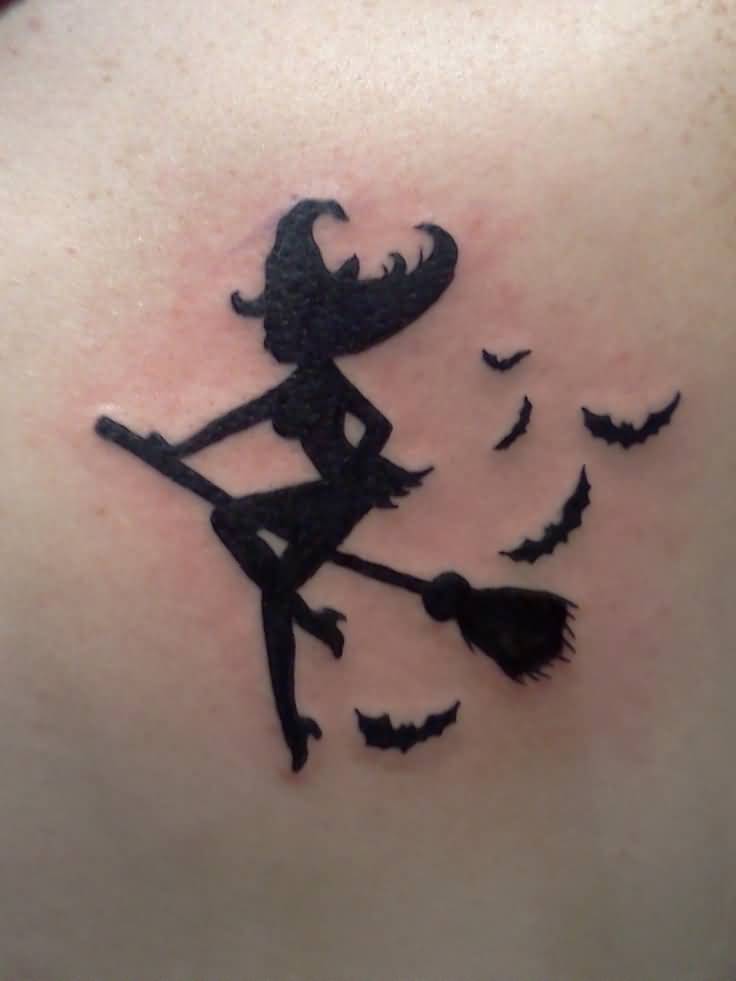 Black Ink Flying Bats And Witch Tattoo On Back