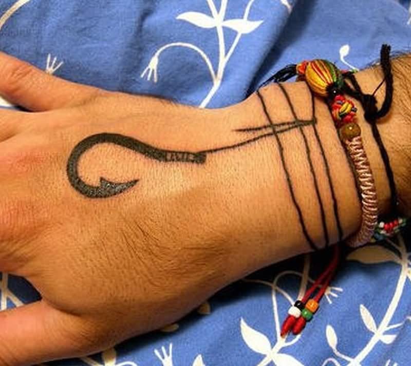 Black Ink Hook Tattoo On Right Hand