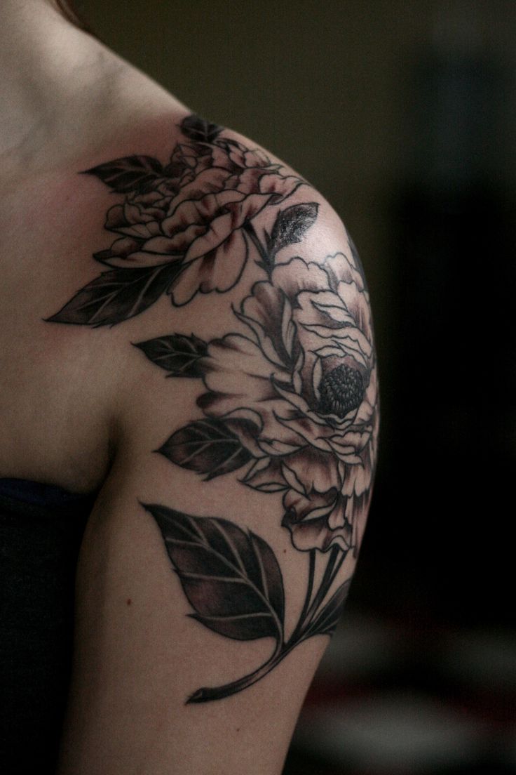 Black Ink Peony Flowers Tattoo On Left Shoulder By Alice Carrier
