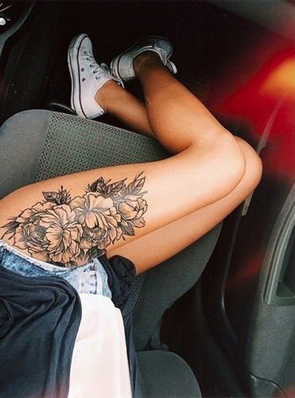 Black Ink Peony Flowers Tattoo On Left Thigh