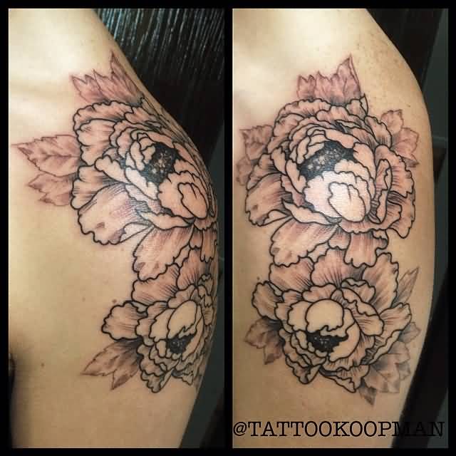 Black Ink Peony Flowers Tattoo On Shoulder