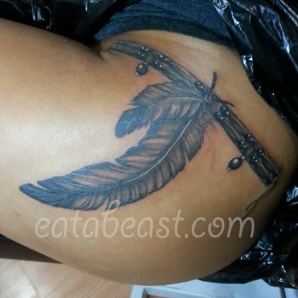 Black Ink Rosary Feathers Tattoo On Left Hip