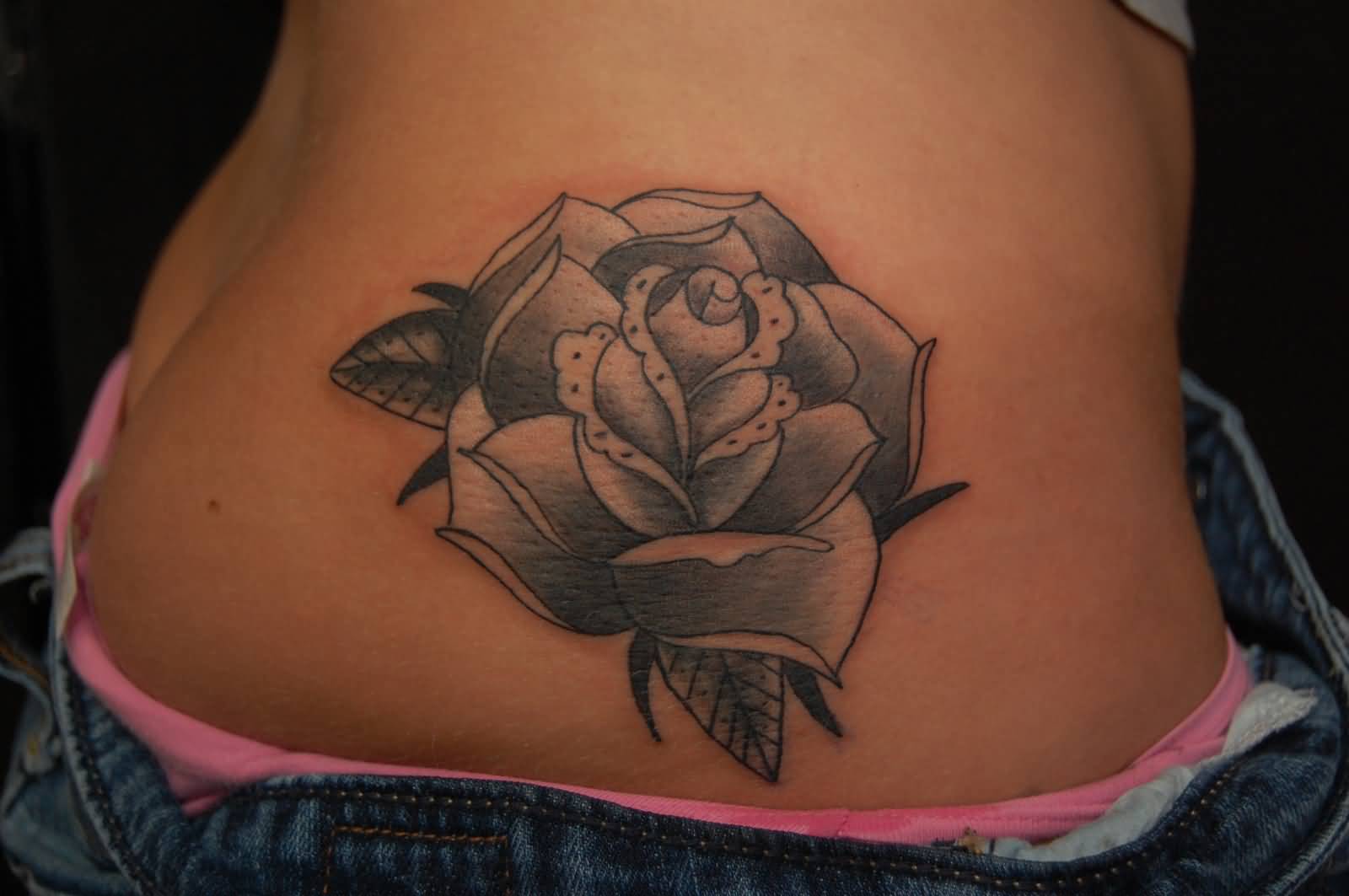 Black Ink Rose Tattoo On Hip