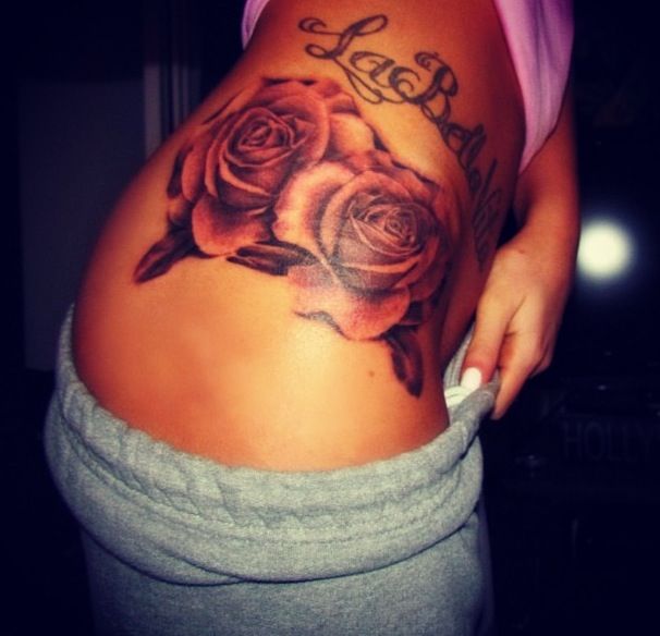 Black Ink Roses Tattoo On Right Hip