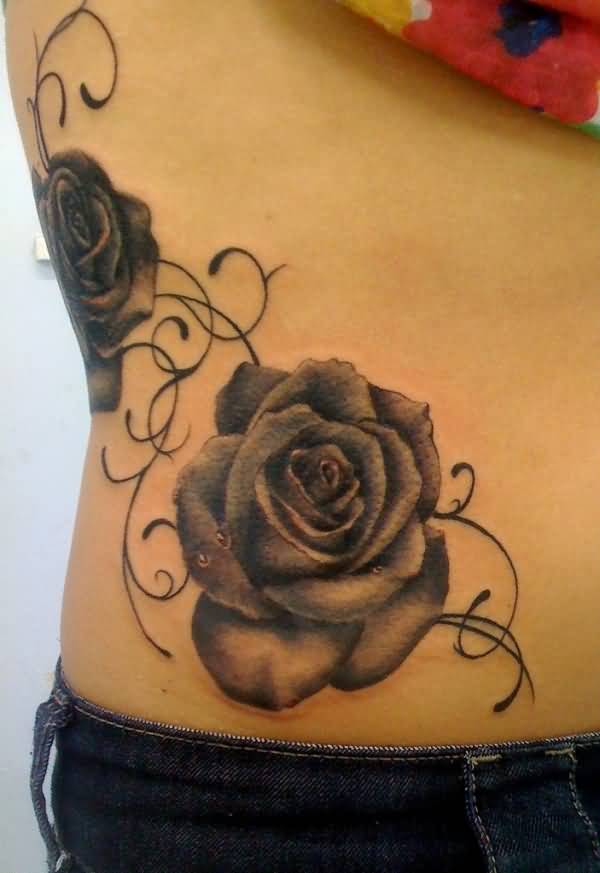 Black Ink Roses Tattoo On Right Hip