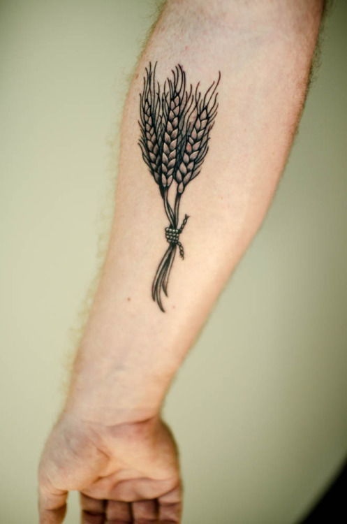 Black Ink Wheat Tattoo On Right Forearm