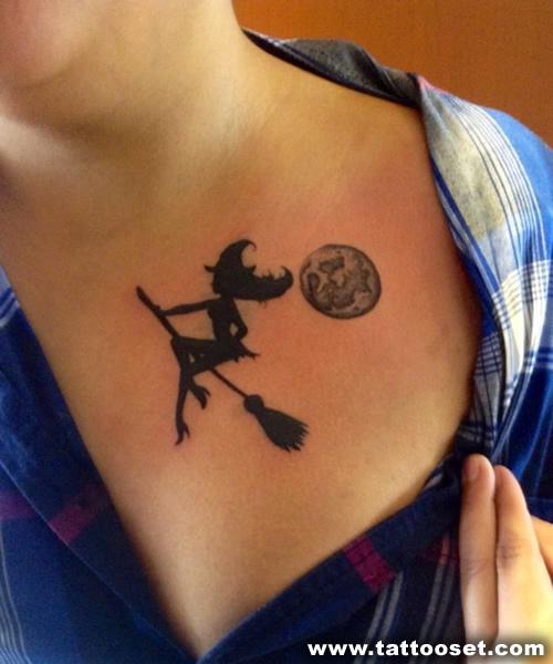 Black Ink Witch Tattoo On Front Shoulder