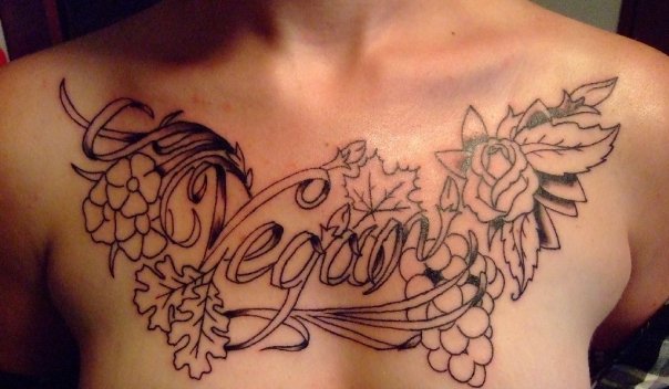 Black Outline Grapes Tattoo On Man Chest