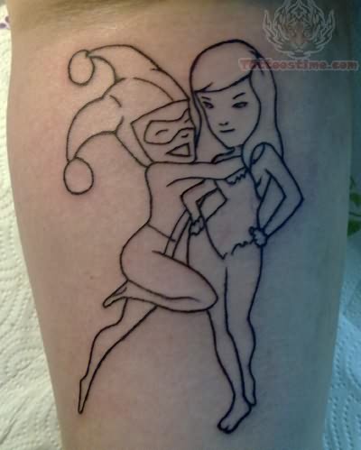Black Outline Harley Quinn With Poison Ivy Tattoo Design For Forearm