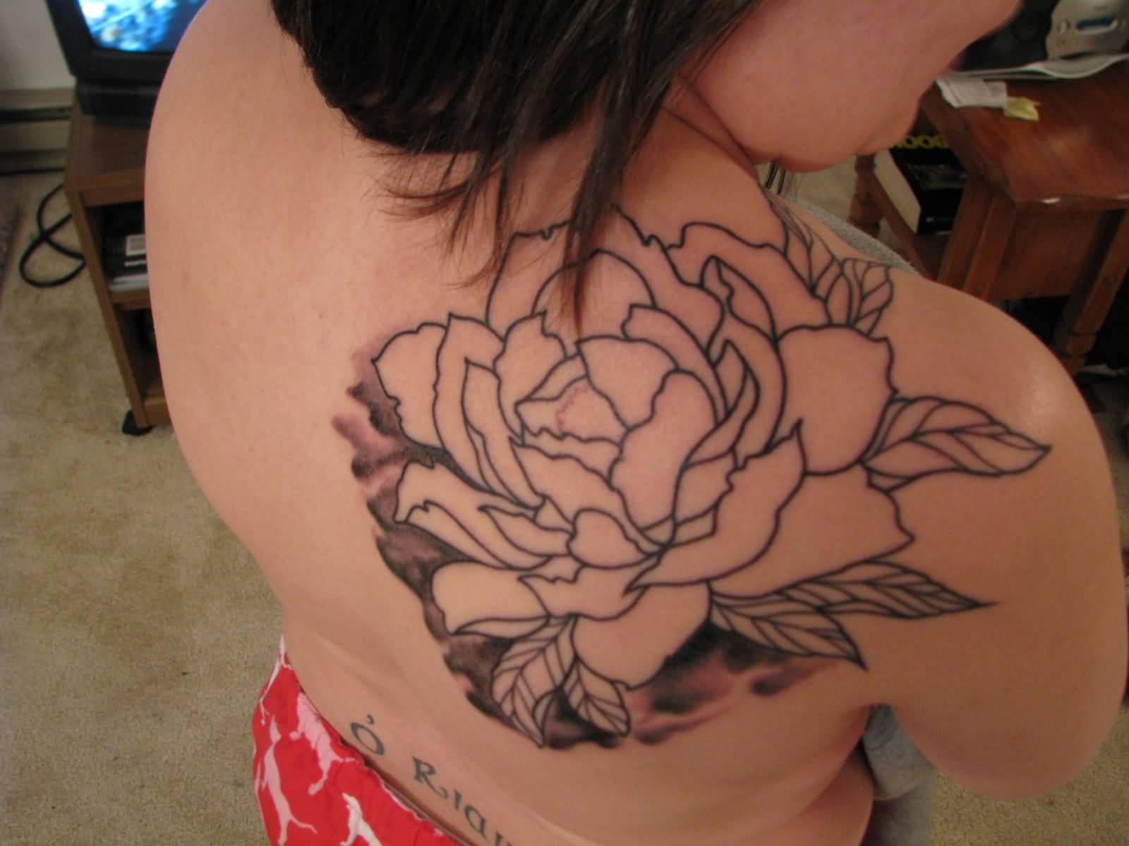 Black Outline Peony Flower Tattoo On Girl Right Back Shoulder By Ahem Crushridge