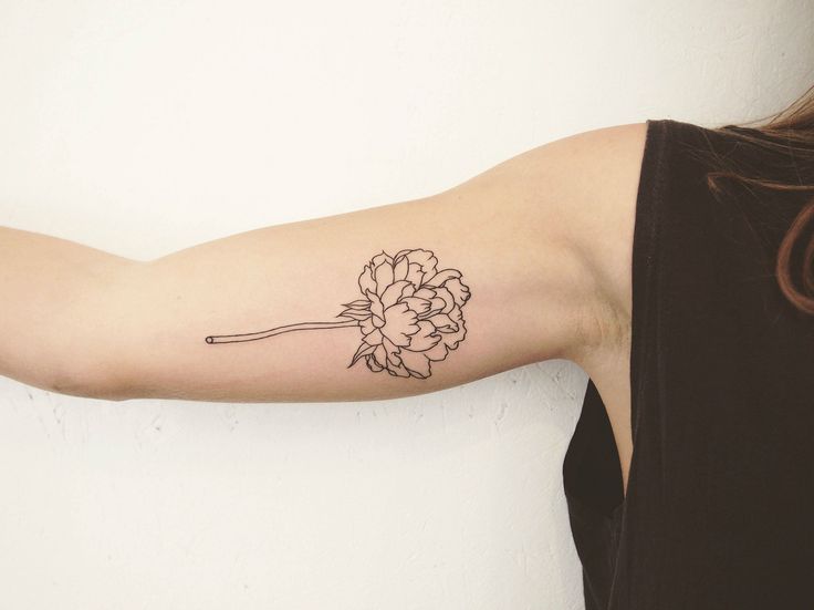 Black Outline Peony Flower Tattoo On Right Bicep