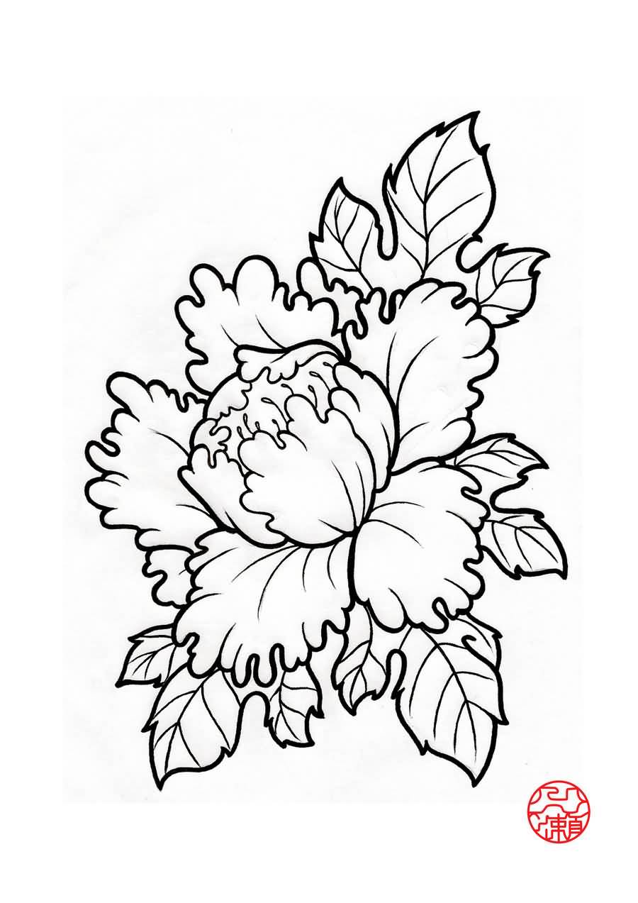 Black Outline Peony Flower Tattoo Stencil By Itinoshe Kenji