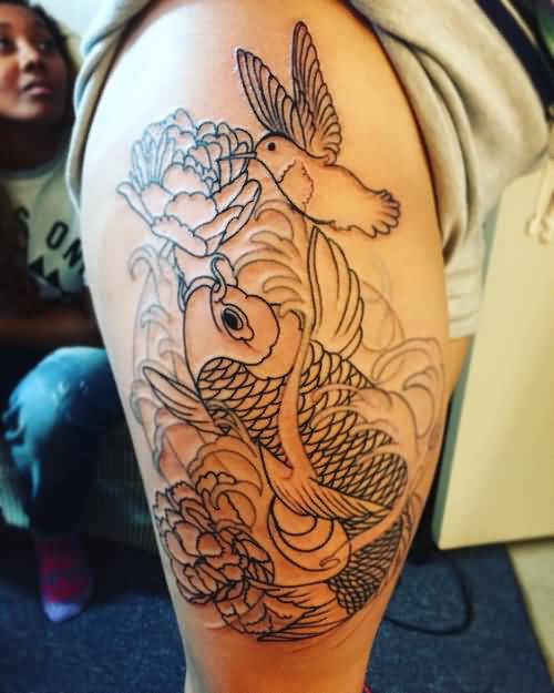 Black Outline Peony Flower With Flying Bird And Koi Fish Tattoo On Right Thigh