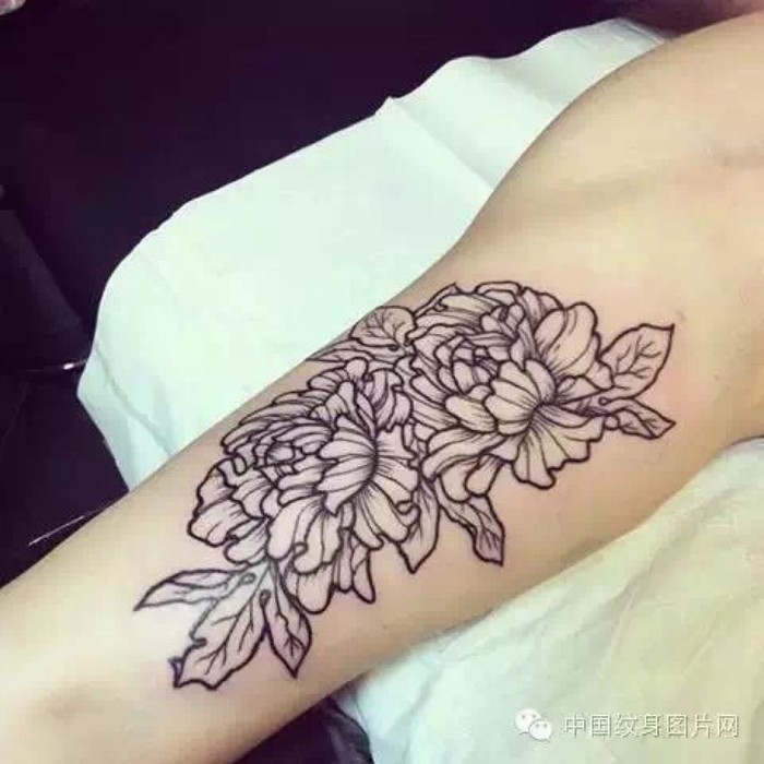 Black Outline Peony Flowers Tattoo Design For Sleeve
