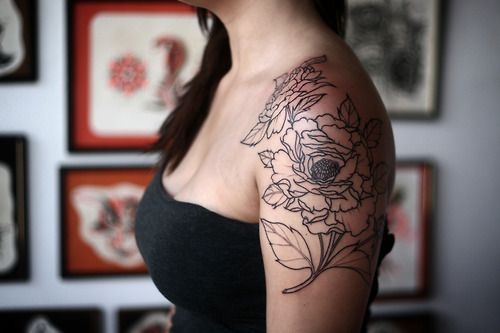Black Outline Peony Flowers Tattoo On Girl Left Shoulder By Aline