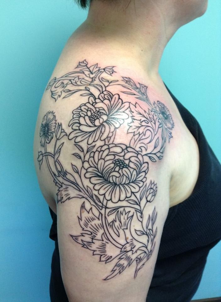 Black Outline Peony Flowers Tattoo On Girl Right Shoulder