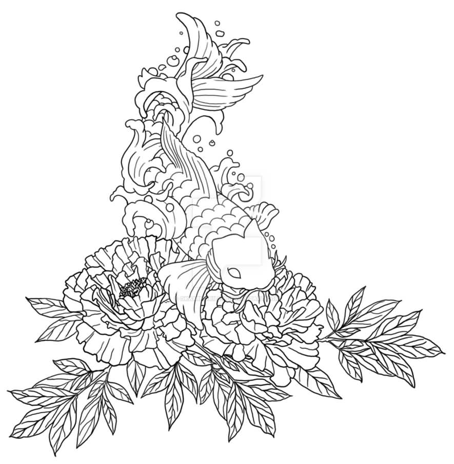 Black Outline Peony Flowers With Koi Fish Tattoo Stencil