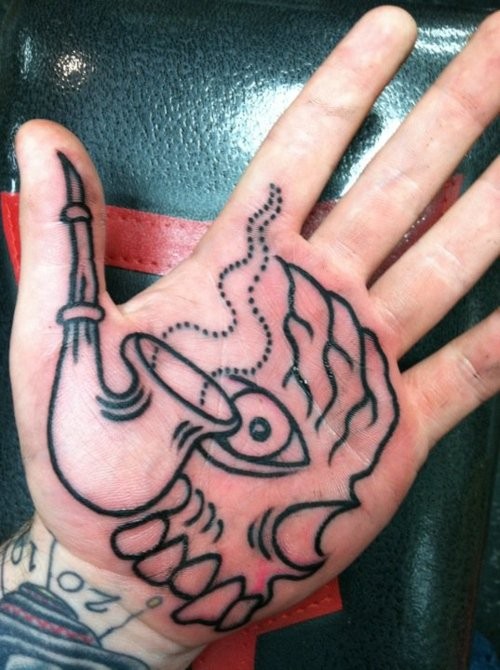 Black Outline Pipe With Skull Tattoo On Hand Palm