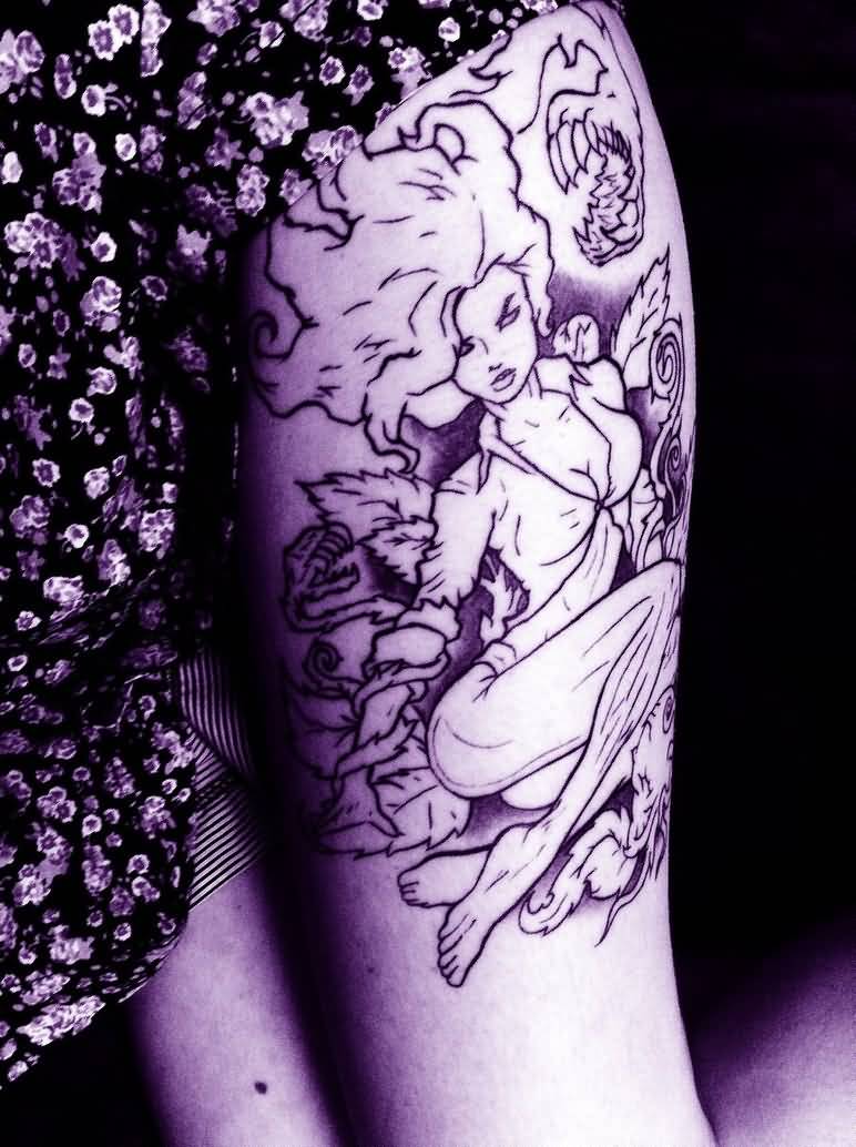 Black Outline Poison Ivy Tattoo On Thigh