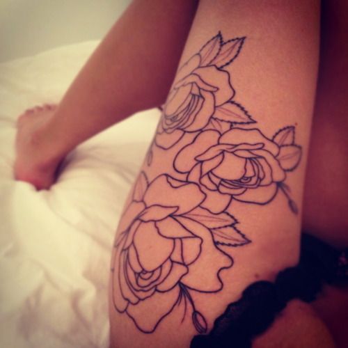 Black Outline Roses Tattoo On Girl Left Hip