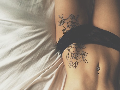 Black Outline Roses Tattoo On Girl Left Hip
