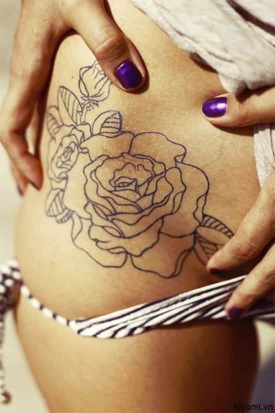 Black Outline Roses Tattoo On Girl Right Hip