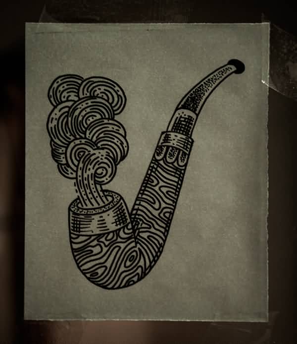 Black Outline Traditional Pipe With Smoke Tattoo Design By Guilherme Hass