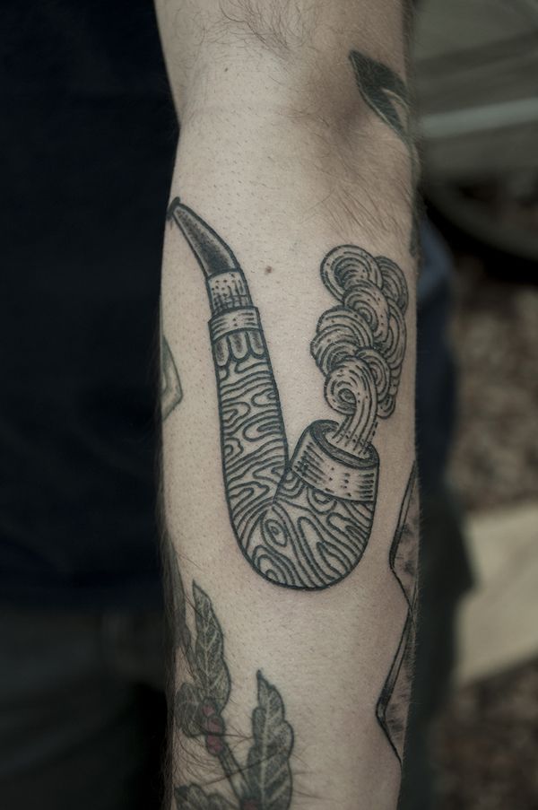 Black Outline Traditional Pipe With Smoke Tattoo On Arm By Guilherme Hass