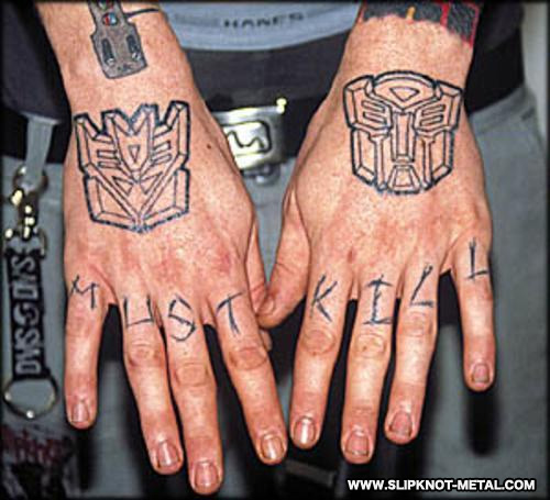 Black Outline Two Transformer Logo Tattoo On Both Hand