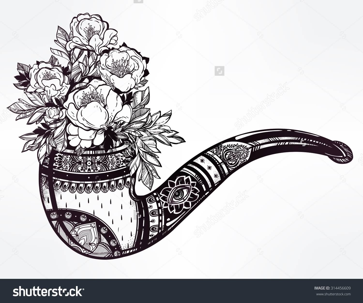 Black Tobacco Pipe With Flowers Tattoo Design