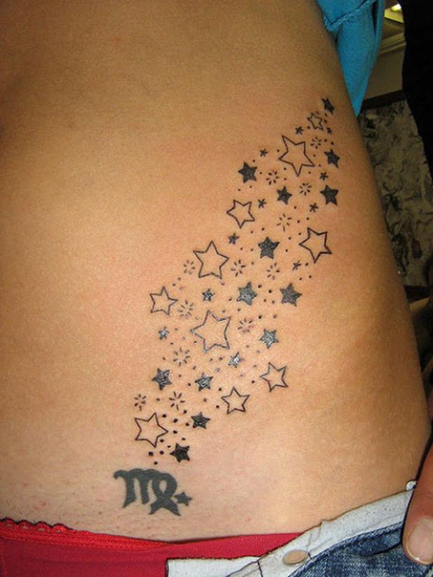 Black Virgo Symbol With Stars Tattoo On Hip