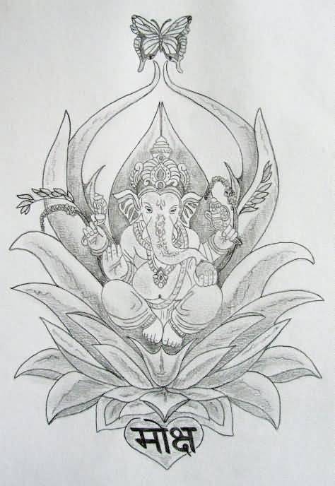 Black and White Ganesha On Lotus Tattoo Design