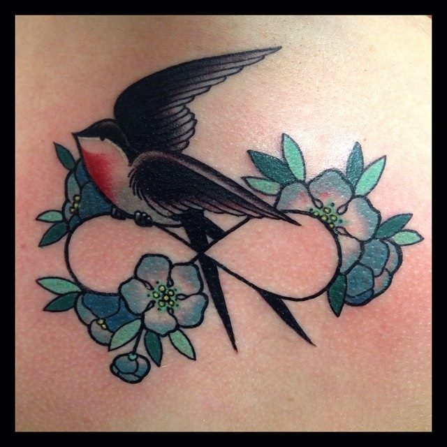 Blue Flowers And Swallow Tattoo Image