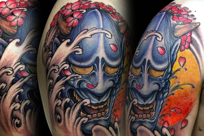 Blue Ink Hannya Tattoo On Shoulder