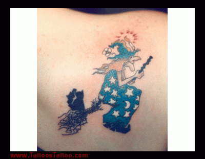 Blue Ink Night Witch Tattoo