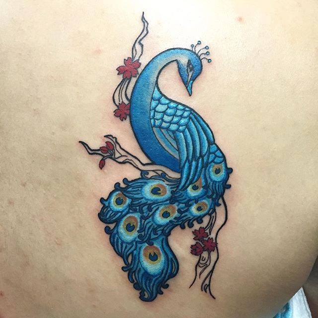 Blue Ink Peacock Tattoo On Right Back Shoulder by Puedmag Custom Ink Tattoos