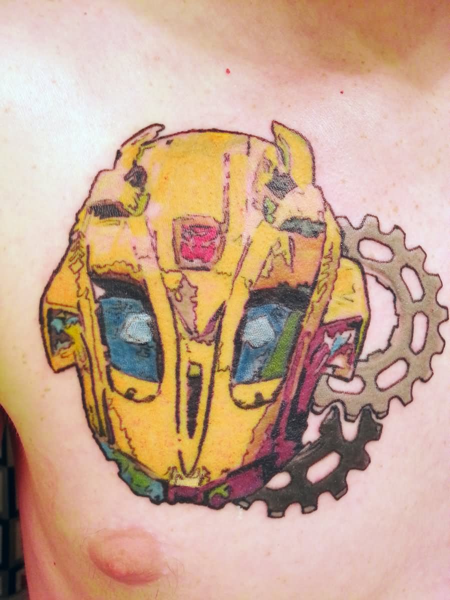 Bumblebee Transformer Head Tattoo On Man Chest