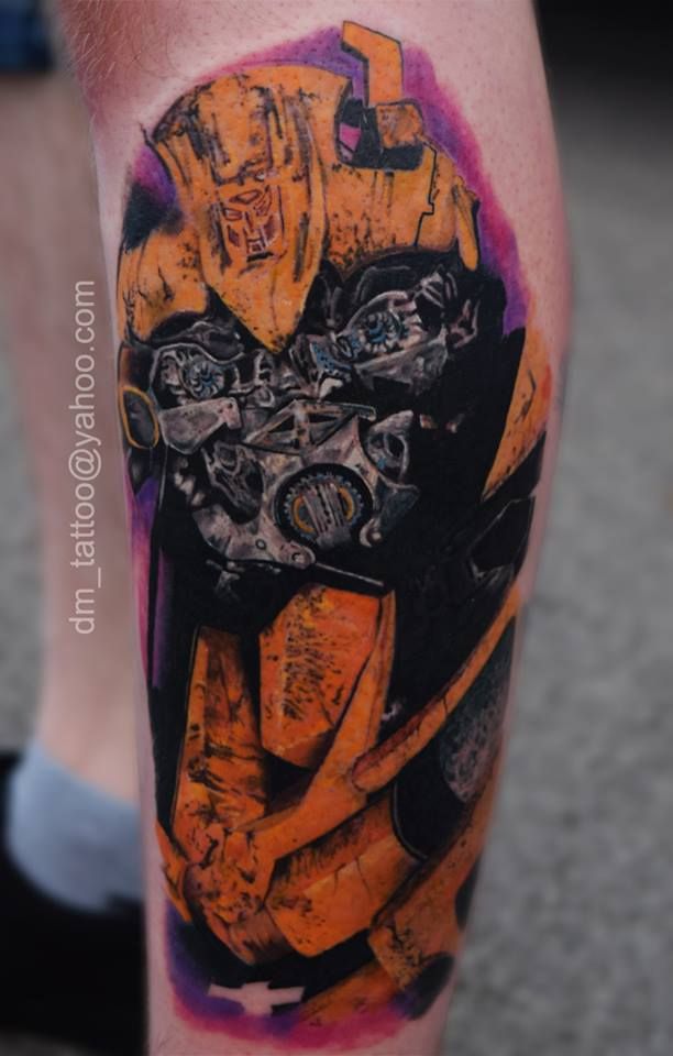 Bumblebee Transformer Tattoo On Left Leg By Dan Mihalache