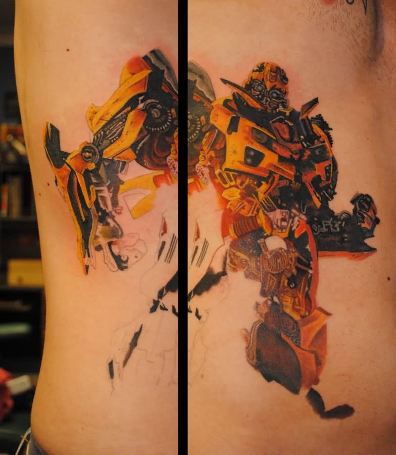 Bumblebee Transformer Tattoo On Man Side Rib