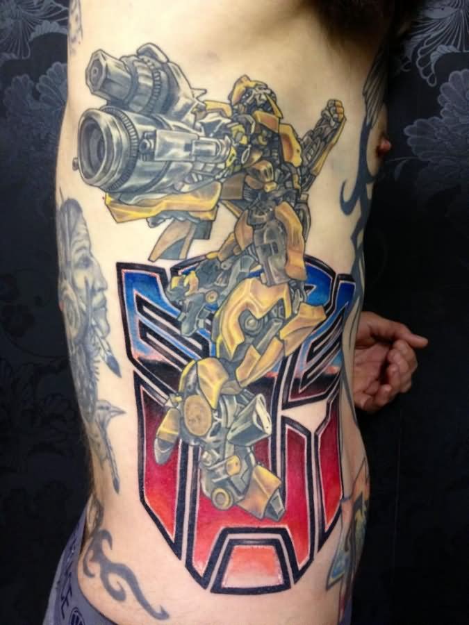 Bumblebee Transformer With Symbol Tattoo On Man Side Rib