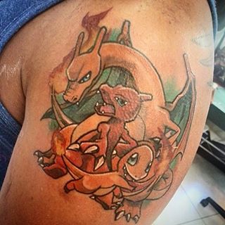 Charmander, Charmeleon And Charizard Pokemon Tattoo On Left Shoulder