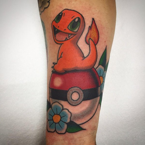 Charmander With Pokemon Ball And Flowers Tattoo Design For Sleeve