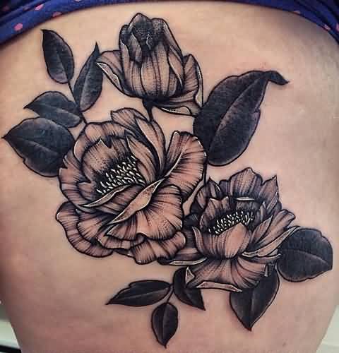 Classic Black And Grey Peony Flowers Tattoo Design