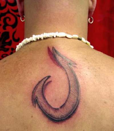 Classic Black Ink Hook Tattoo On Man Upper Back